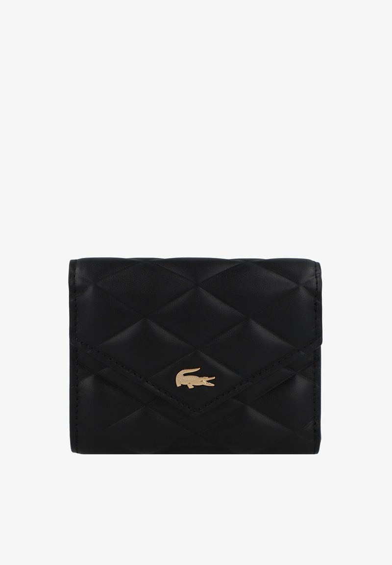 Black leather wallet with a quilted design, featuring a gold logo accent. Envelope-style closure with visible stitching details. Compact size.