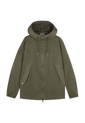 Olivgrüne Kapuzenjacke aus glattem Stoff, mit Reißverschluss vorne, zwei großen Seitenpaketen und elastischen Bündchen.
