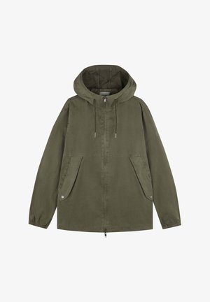 Olive green hooded jacket, made from a smooth fabric, featuring a zip front, two large side pockets, and elastic cuffs.