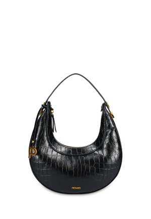 Schwarze Schultertasche aus krokodilstrukturierter Leder mit goldfarbenem Reißverschluss und Beschlägen, mit geschwungener Form und kurzem Träger.