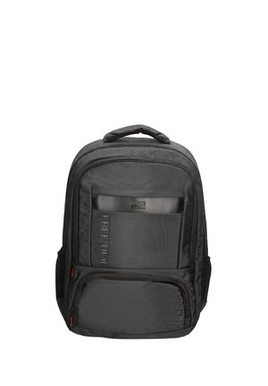 Black nylon backpack with multiple zippered compartments, mesh side pockets, top handle, and "FREETIME" text on front pocket.