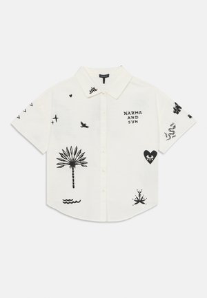 Short-sleeve white button-up shirt with black graphic prints, including palm tree, sun, and heart motifs. Soft cotton fabric, relaxed fit.