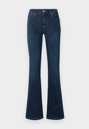 Jean en denim bleu foncé avec une taille mi-haute, style cinq poches et jambes évasées, présenté à plat sur un fond blanc.