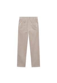 Calças de tecido de corduroy bege com um design de perna reta, dois bolsos traseiros e uma superfície texturizada e estriada. Estilo casual e versátil.