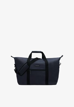 Marineblauwe duffeltas gemaakt van duurzaam materiaal, voorzien van een bovenhandvat, verstelbare schouderriem, voorvak met rits en zwarte accenten.