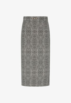 Gonna a matita in pelle di coccodrillo nera e grigia con una forma aderente e un delicato accento in vita. Realizzata in tessuto testurizzato.