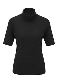 Schwarzes kurzärmeliges Turtleneck-Oberteil aus weichem, dehnbarem Stoff mit enganliegendem Schnitt und glatter Textur, das einen hohen Kragen aufweist.