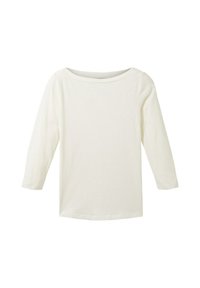 Haut blanc à manches trois quarts en tissu texturé avec un col bateau. A un fit ample et des côtes subtiles sur toute sa surface.