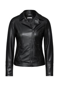 Veste en cuir noir avec fermeture éclair sur le devant, col pointu et deux poches latérales zippées. Présente des manches ajustées avec des accents côtelés.