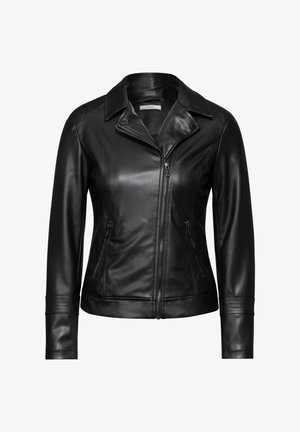 Svart läderjacka med dragkedja framtill, spetsig krage och två fickor med dragkedja på sidorna. Har åtsittande ärmar med ribbade detaljer.