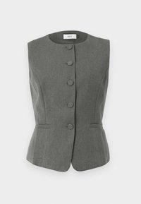 Gilet grigio senza maniche con design strutturato, dotato di sei bottoni rivestiti di tessuto, vestibilità sagomata e tasche laterali discrete.