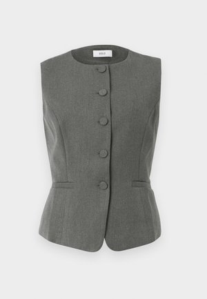 Gray, sleeveless vest with structured design, featuring six fabric-covered buttons, tailored fit, and subtle side pockets.