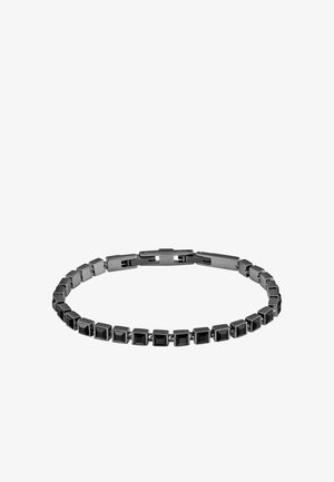 Bracciale in metallo nero con maglie quadrate dalla finitura lucida e una chiusura sicura, che presenta un design geometrico elegante.