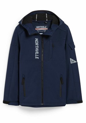 Marine softshell jack met een ritssluiting aan de voorkant, verstelbare capuchon, meerdere zakken, zwarte accenten en 'NORTHVILLE' op de borst.