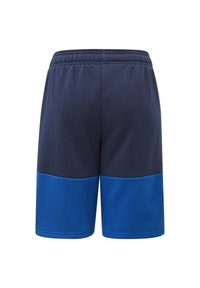 Navy blue and light blue cotton shorts with an elastic waistband, featuring a color-block design and smooth texture.