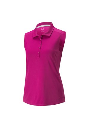 Mouwloos roze poloshirt gemaakt van zachte stof met een drieknopsbies en een klein logo aan de linkerkant. Gladde textuur, casual ontwerp.