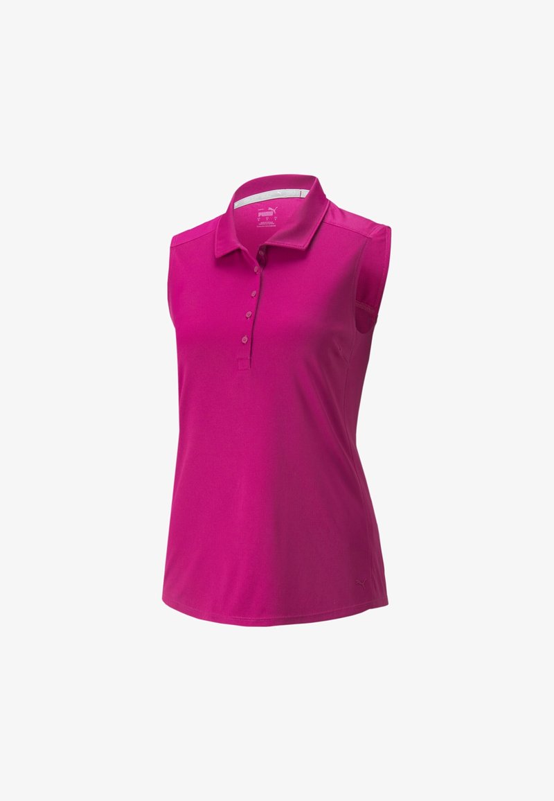 Polo rose sans manches en tissu doux avec une patte de boutonnage à trois boutons et un petit logo sur le côté gauche. Texture lisse, design décontracté.