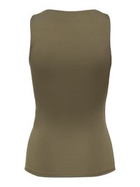 Haut ajusté sans manches de couleur vert olive uni avec un col montant, présenté de dos sur un fond blanc.