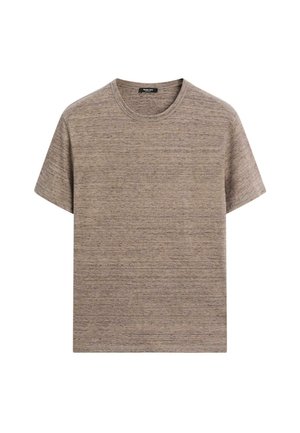 T-shirt marron chiné à manches courtes avec col rond et ourlet droit, présenté sur un fond blanc.