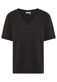 Sort kortærmet V-hals t-shirt lavet af blødt bomuld. Simpelt design med en afslappet pasform og rene linjer. Mærkatet er brandet "WEEKDAY."