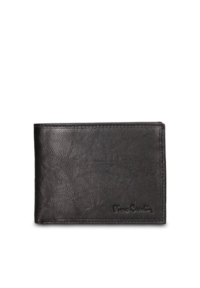 Portafoglio in pelle nera con superficie testurizzata, design bifold e dettaglio del logo inciso sul fronte. Compatto e funzionale per l'uso quotidiano.