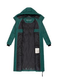 Long green hooded winter coat open to show black inner lining and internal label on white background.