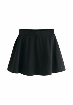 Jupe patineuse noire en tissu lisse et extensible. Elle présente une large ceinture élastique et une silhouette évasée, avec une couleur unie.