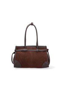 Borsa a mano in suede marrone con dettagli in pelle marrone scuro, dotata di due manici superiori, forma rettangolare e cuciture sulla superficie.