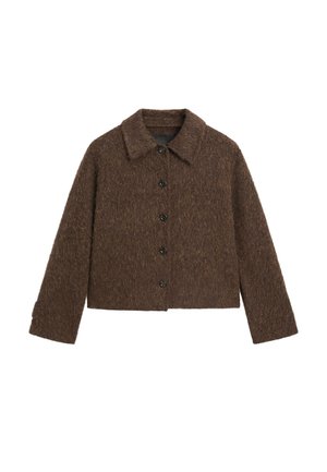 Giacca marrone texturizzata con colletto, bottoni anteriori e maniche lunghe. Presenta un design corto con un aspetto morbido e peloso.