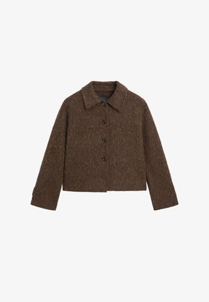 Giacca marrone texturizzata con colletto, bottoni anteriori e maniche lunghe. Presenta un design corto con un aspetto morbido e peloso.
