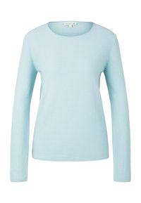 Light blue long-sleeve knit sweater with round neckline, shown on a white background, label reads "Tom Tailor" in size small.