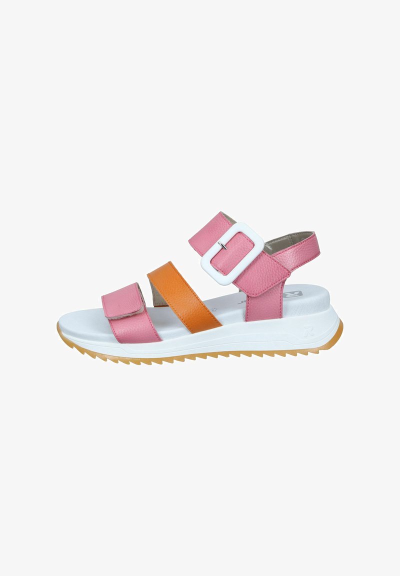 Pink and orange sandals with adjustable straps, white sole, and textured upper. Features a large white buckle and a ridged bottom for traction.