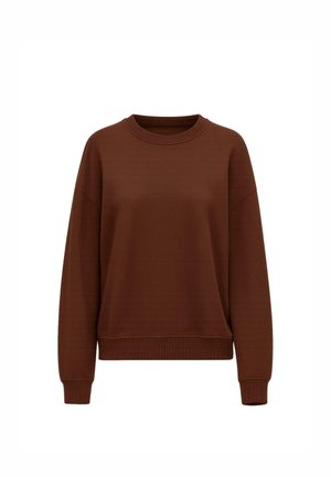 Brun sweat-shirt med rund halsringning, ribbade manschetter och fåll. Mjuk textur och avslappnad passform med nedsläppta ax seams.