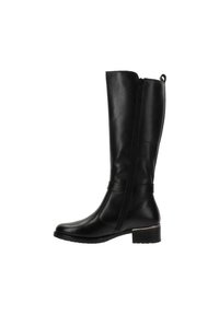 Botas de cuero negras hasta la rodilla con cremallera lateral, punta redonda y tacón bajo cuadrado. Textura suave y diseño minimalista con un acento sutil.