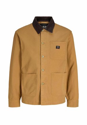 Rjava jopič s sponko, temnim kordiranim ovratnikom in tremi sprednjimi žepki našepljenimi, eden ima majhno črno etiketo z napisom "R.D.D.".