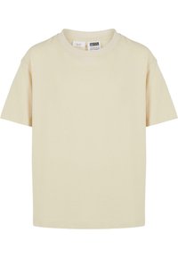 Bēša īsroku T-krekls ar apaļu apkakli, ar vienkāršu dizainu un redzamu Urban Classics zīmola etiķeti apkakles iekšpusē.