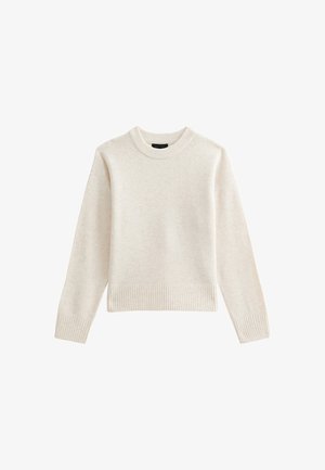 Maglione lavorato a maglia beige chiaro con girocollo a coste e orlo, caratterizzato da maniche lunghe e una silhouette rilassata. Texture morbida e design minimale.