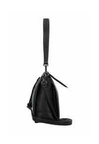 Schwarze Lederhandtasche mit strukturierter Form, ausgestattet mit einem langen verstellbaren Trageriemen, Reißverschlussdetails und einer strukturierten Oberfläche.