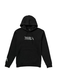 Schwarze Baumwollkapuzenjacke mit einer frontalen Kängurutasche, Kordelzugkapuze und einem graphischen Logo in Silber auf der Brust und dem Ärmel.