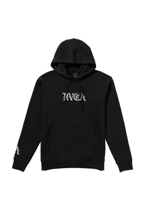 Zwarte hoodie van katoen, met een voorste kangoeroezak, een trekkoordcapuchon en een grafisch logo in zilver op de borst en mouw.