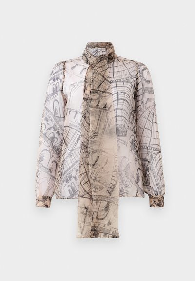 Sheer blouse with long sleeves, loose cuffs, high neck, and abstract black architectural sketches on a beige background.