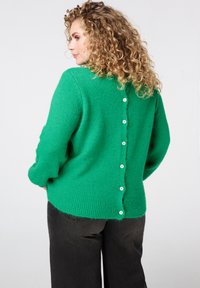 Groene gebreide trui met een zachte textuur, voorzien van een ronde hals en zes witte knopen aan de achterkant. Losse pasvorm en geribbelde zoom.