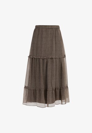 Gonna midi marrone a strati realizzata in tessuto trasparente con un sottile motivo floreale. Presenta dettagli arricciati e una vita elastica per un comfort ottimale.