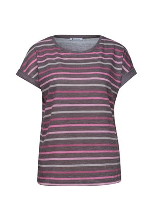 T-shirt donna a manica corta con righe orizzontali in tonalità di rosa, grigio e malva, con scollo rotondo.