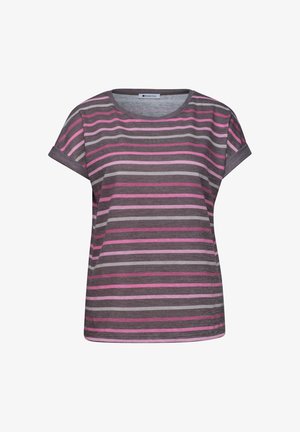 T-shirt donna a manica corta con righe orizzontali in tonalità di rosa, grigio e malva, con scollo rotondo.