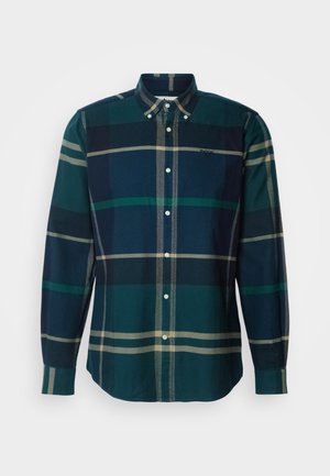 Groen en marineblauw geruit overhemd met lange mouwen en een kraag, voorzien van witte knopen en een klein geborduurd logo op de borst.