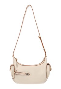 Kermanvärinen nahkainen olkalaukku, jossa on ruskea reunus, kaareva muoto, vetoketjullinen tasku ja säädettävä hihna. Laukussa on sivutasku.