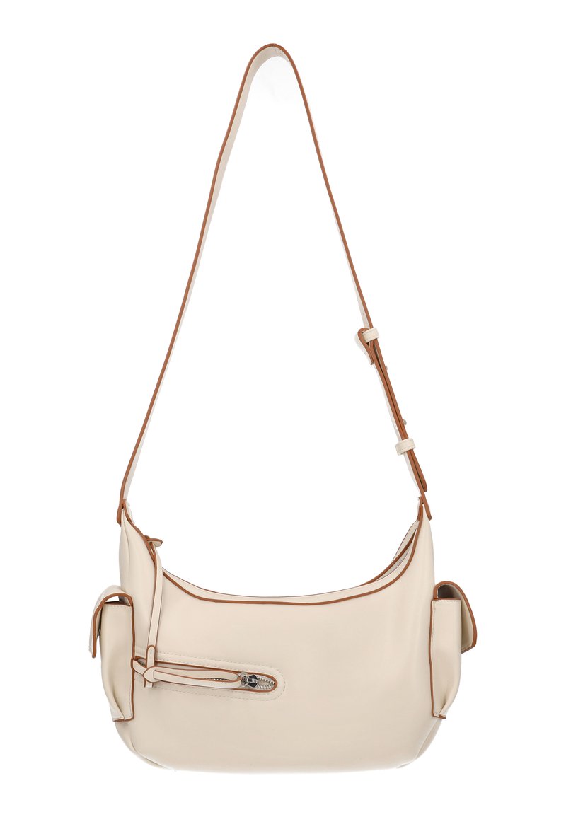 Kermanvärinen nahkainen olkalaukku, jossa on ruskea reunus, kaareva muoto, vetoketjullinen tasku ja säädettävä hihna. Laukussa on sivutasku.