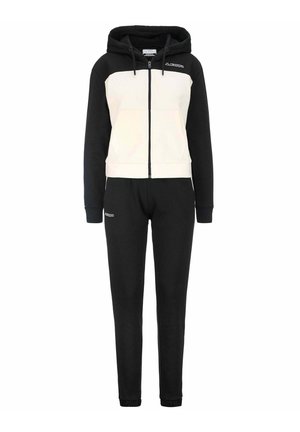 Tuta nero e crema con felpa con zip e polsini elasticizzati, caratterizzata da un design a pannelli contrastanti e un logo sul davanti.