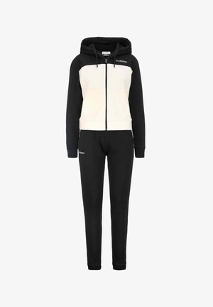 Tuta nero e crema con felpa con zip e polsini elasticizzati, caratterizzata da un design a pannelli contrastanti e un logo sul davanti.